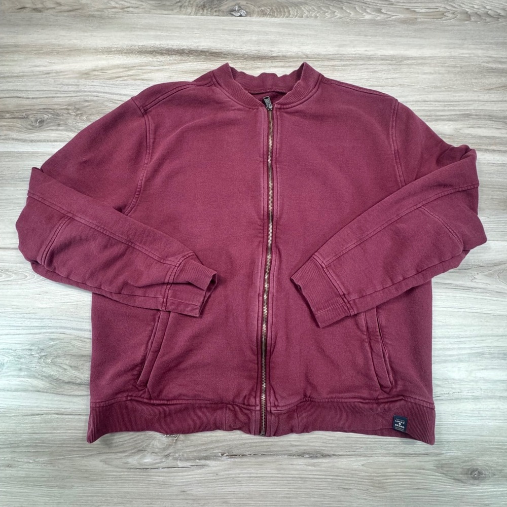 Lucky Brand Mens XL Burgundy Cotton French Terry Full Zip Bomber Jacket Maroon